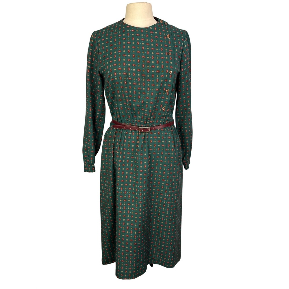 Act I New York Green Paisley Midi Secretary Dress Belted‎ Long Sleeve 36 bust